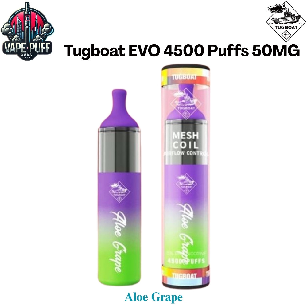 Tugboat EVO 4500 Puffs 50MG Aloe Grape Disposable Vape in Dubai UAE Tugboat EVO 4500 Puffs 50MG Aloe Grape Disposable Vape in Dubai UAE